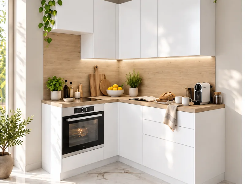 Белая угловая кухня 144×170 см с фартуком Дуб Вотан